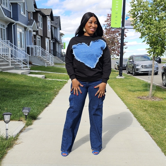 NWT Denim Patchwork W/Rhinestones Black Sweatshirt - Picture 3 of 3